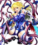  1girl aisha_clarisse blonde_hair blood blue_eyes bodysuit breasts cyborg female gun large_breasts lilith-soft long_hair restrained rifle simple_background solo taimanin_asagi taimanin_asagi_battle_arena tentacle weapon zol 