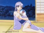  1996 1girl 90s arm_support barefoot breasts cleavage copyright copyright_name expressionless fan high_ponytail holding holding_fan japanese_clothes kimono large_breasts long_hair long_sleeves megami_paradise night off_shoulder official_art sash silver_hair sitting solo stashia yokozuwari 