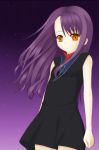  1girl bare_arms beatrice_(wild_arms) black_dress breasts cowboy_shot dress expressionless gradient gradient_background long_hair megimegyo open_mouth purple_hair short_dress sidelocks sleeveless sleeveless_dress smile solo turtleneck wild_arms wild_arms_3 wind yellow_eyes 