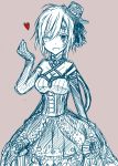  1girl allen_walker breasts cleavage d.gray-man dress elbow_gloves female genderswap gloves lolita_fashion monochrome scar short_hair simple_background solo spot_color wink 