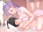  2girls alternate_hairstyle animal_ears arm_support bed_sheet black_hair bloomers bow bow_bra bra breasts bunny_tail carrot cleavage collarbone extra_ears feet inaba_tewi large_breasts lingerie long_hair lying multiple_girls on_back on_bed panties pillow pink_bra polka_dot polka_dot_bra ponytail purple_hair rabbit_ears red_eyes reisen_udongein_inaba smile tail touhou underwear underwear_only yagokoro_eirin yuri zyouga44 