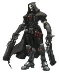  1boy absurdres arnold_tsang bandolier dual_wielding full_body gloves gun handgun highres hood male_focus mask official_art overwatch reaper_(overwatch) simple_background solo standing transparent_background weapon 