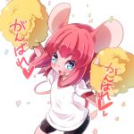  1girl animal_ears arms_up bike_shorts blue_eyes blush cheerleader furry gym_uniform long_hair mouse_ears open_mouth original pink_hair pom_poms shirt shorts smile solo tail youki_(yuyuki000) yuuki_(yuyuki000) 