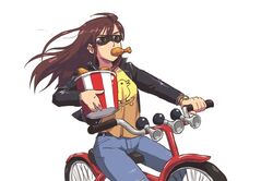  bicycle brown_hair chicken chicken_wing denim food glasses horn jacket jeans john_su leather leather_jacket long_hair pants simple_background sunglasses watch watch white_background 