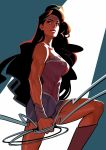  1girl black_hair blue_eyes boots bracelet circlet dc_comics female highres jewelry knee_boots lasso lee_dajung light_smile long_hair looking_afar muscle shorts simple_background smile solo wonder_woman wonder_woman_(series) 