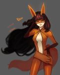  1girl adjusting_hair belt bodysuit brown_hair domino_mask fox_ears fox_tail green_eyes grey_background hand_on_hip kimpa long_hair looking_at_viewer mask miraculous_ladybug simple_background smile solo volpina 