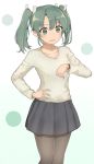  1girl black_legwear black_pantyhose black_skirt blush collarbone female green_eyes green_hair hand_on_hip kantai_collection long_sleeves open_mouth pantyhose purutabu skirt solo twintails white_background zuikaku_(kantai_collection) 