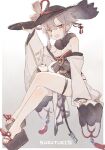  1girl animal_on_leg ark_kan azur_lane bangs bare_legs bare_shoulders belt bird black_bow bow breasts crossed_legs detached_sleeves english_text feet full_body fur_scarf gradient gradient_background grey_hair hair_ornament hairpin hand_on_headwear hat japanese_clothes kimono orange_eyes red_tassel short_hair simple_background sitting small_breasts straw_hat suzutsuki_(azur_lane) suzutsuki_(suzutsuki_hanetsuki_adept!)_(azur_lane) very_short_hair white_kimono white_sleeves wide_sleeves zouri 