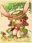  androgynous artist_request brown_hair copyright_request full_body furry hat long_hair nature one_eye_closed outdoors plant rabbit red_eyes solo 