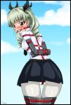  1girl anchovy arms_behind_back ball_gag bdsm blush bondage bound bound_arms bound_thighs brown_eyes cyber_(cyber_knight) drill_hair gag gagged girls_und_panzer green_hair harness long_hair necktie solo twin_drills twintails 