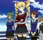  3girls blonde_hair blue_eyes breasts claire_harvey dark_skin erica_candle highres hundred large_breasts liddy_steinberg multiple_girls skirt sky standing stitched uniform 