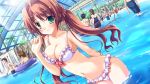  1girl bikini breasts brown_hair cleavage game_cg green_eyes highres iro_ni_ide_ni_keri_waga_koi_wa long_hair narumi_yuu smile suzueda_komachi swimsuit water 