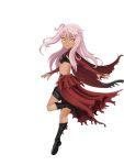  1girl :q absurdres bikini_top boots brown_eyes cape chloe_von_einzbern dark_skin fate/kaleid_liner_prisma_illya fate_(series) flat_chest from_behind hair_bobbles hair_ornament highres leg_lift long_hair looking_back one_side_up pink_hair side_ponytail smile solo thigh_strap tongue tongue_out waist_cape wdasca white_background 