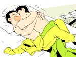  2boys black_hair brothers closed_eyes clothes_around_waist flat_color heart hug incest indoors lying male_focus matsuno_choromatsu matsuno_juushimatsu michiru_(amphibian) multiple_boys on_bed osomatsu-kun osomatsu-san partially_colored pillow shirt_removed shirtless siblings smile yaoi 