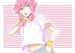  1boy armband ensemble_stars! green_eyes hand_on_hip hand_on_own_cheek hatsu_(racoo) himemiya_touri horizontal_stripes looking_at_viewer male_focus navel open_mouth pink_hair solo striped striped_background 
