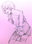  1boy alois_trancy back boots eyelashes from_behind gradient gradient_background kuroshitsuji lineart looking_at_viewer male_focus monochrome official_art pink pink_background pulling ribbon shorts shota simple_background sketch solo teeth thigh-highs toboso_yana tongue tongue_out undressing zettai_ryouiki 