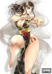  1girl alternate_costume alternate_hairstyle breasts brown_hair cai-man capcom chun-li cleavage curvy female large_breasts legs long_hair solo street_fighter street_fighter_v 