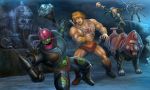  5boys armor battle battle_cat blonde_hair boots castle castle_grayskull cyborg damaged electricity fantasy he-man helmet hood hook mace male_focus man-at-arms masters_of_the_universe multiple_boys outdoors punching ram_man science_fiction screw shouting skeletor skull spike staff trap-jaw weapon wrist_guards 