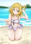  1girl ascii_media_works beach belly_button bikini blonde_hair bushiroad cute highres love_live!_school_idol_project love_live!_sunshine!! miro_(katsushikashibamata) navel ohara_mari parody smile solo style_parody sunrise_(studio) swimsuit tokyo_mx 