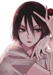  1boy androgynous black_hair brown_eyes eyelashes fruit jaibo_(litchi_hikari_club) knife litchi_hikari_club lychee male_focus maruino simple_background smile solo white_background white_shirt 