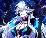  age_progression black_background blue_eyes breasts cleavage cleavage_cutout demon_girl elsword empty_eyes energy erun-cbal- horns iblis_(elsword) long_hair luciela_r._sourcream pointy_ears spikes symbol-shaped_pupils white_hair 