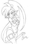  1girl cleavage earrings female jewelry looking_at_viewer monochrome navel pointy_ears shantae shantae_(character) smile solo very_long_hair wayforward white_background 