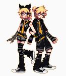  1boy 1girl arm_warmers bangs blonde_hair blue_eyes blush bracelet brother_and_sister chain clothes_writing collar english_commentary english_text fishnet_gloves fishnets gloves headband headphones highres jacket jewelry kagamine_len kagamine_rin keropluvia korn_(band) leg_warmers midriff nail_polish necktie open_mouth ponytail shirt shoes short_ponytail shorts siblings smile sneakers spiked_bracelet spiked_collar spikes striped t-shirt tattoo thigh-highs torn_clothes torn_legwear torn_shorts transgender_flag twins vocaloid white_background yellow_necktie 