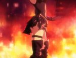  1girl animated animated_gif bare_shoulders boots breasts cleavage dutch_angle elbow_pads fate/grand_order fate_(series) fire gloves hair_over_one_eye looking_at_viewer purple_hair rain shielder_(fate/grand_order) short_hair solo thigh_strap violet_eyes 