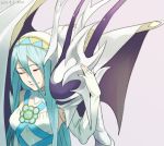  1girl alternate_form aqua_(fire_emblem_if) blue_hair closed_eyes dragon fire_emblem fire_emblem_if horns jewelry kona_(silent913) long_hair monster my_unit_(fire_emblem_if) nintendo smile very_long_hair wings 