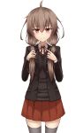  1girl ahoge blush brown_hair hair_between_eyes holding holding_hair jacket long_hair looking_at_viewer open_clothes open_jacket original pleated_skirt rabochicken red_skirt skirt solo thigh-highs thighs twintails white_background zettai_ryouiki 