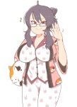  1girl breasts cat_print glasses inkerton-kun large_breasts pajamas purple_hair red_eyes senran_kagura senran_kagura_(series) solo suzune_(senran_kagura) 