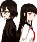  1boy 1girl androgynous bags_under_eyes black_hair blush eyelashes from_side gakuran grey_eyes jaibo_(litchi_hikari_club) kanon_(litchi_hikari_club) litchi_hikari_club long_hair looking_at_viewer maruino open_mouth school_uniform serafuku simple_background uniform white_background 