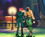  2boys animated book dio_brando gakuran hierophant_green jojo_no_kimyou_na_bouken kakyouin_noriaki male_focus multiple_boys reading stand_(jojo) stardust_crusaders teleportation topless 