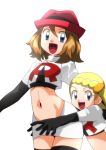  2girls blonde_hair blue_eyes brown_hair eureka_(pokemon) hainchu looking_at_viewer multiple_girls navel nintendo pokemon serena_(pokemon) smile team_rocket_(cosplay) 