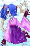  1girl blue_skin boots flower gloves hair_flower hair_ornament hair_over_one_eye high_heel_boots high_heels japanese_clothes kimono leviathan_(skullgirls) red_eyes skullgirls solo squigly_(skullgirls) stitched_mouth stitches zombie 