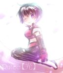  1girl belt black_hair blush breasts choker elbow_gloves gloves midriff one_eye_closed rutee_katrea shoes short_hair short_shorts shorts smile tales_of_(series) tales_of_destiny thigh-highs violet_eyes wink 