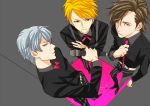  3boys blonde_hair bow bowtie brown_hair byon facial_hair from_above grey_background hazama_michio idolmaster idolmaster_side-m maita_rui male_focus microphone multiple_boys necktie pink_necktie s.e.m signature silver_hair stubble suspenders yamashita_jirou yellow_eyes 