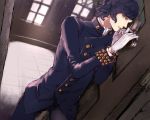  1boy androgynous black_hair blue_eyes buttons cowboy_shot frown gloves gun indoors looking_at_viewer lupin_iii male_focus oscar_(lupin) solo wavy_hair weapon window 