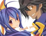  1boy 1girl antenna_hair black_hair blazblue blazblue_remix_heart blue_hair blush couple dark_skin english genderswap mai_natsume mithiruka orange_eyes pink_eyes portrait simple_background smile taro_sasagae thank_you 