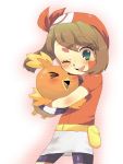  1girl brown_hair happy haruka_(pokemon) hug oomuro pokemon torchic 