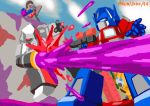  4boys 80s arm_cannon artist_name autobot bucket bumblebee cannon decepticon glowing gun hasbro kamizono_(spookyhouse) machine machinery mecha megatron multiple_boys nintendo nintendo_ead no_humans oldschool open_mouth optimus_prime paintbrush parody red_eyes robot science_fiction smile splatoon starscream transformers weapon 