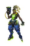  1boy absurdres arnold_tsang beard dark_skin facial_hair fingerless_gloves floating full_body gloves gradient_hair grin gun highres lucio_(overwatch) male_focus multicolored_hair official_art overwatch simple_background smile solo visor weapon white_background 