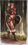  1girl abs amazon artist_request braid female green_eyes muscle redhead shield solo sword tattoo tattoos weapon 