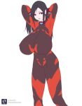  1girl black_hair bodysuit breasts female flat_color huge_breasts impossible_clothes long_hair mnjs plugsuit solo white_background 
