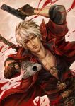  1boy blood capcom dante_(devil_may_cry) devil_may_cry devil_may_cry_4 gun highres jacket male_focus red_jacket silver_hair solo weapon white_hair 