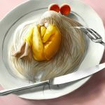  1girl blonde_hair food fruit minigirl plate sleeping tomato very_long_hair yellow_dress 