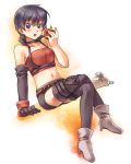  1girl apple bare_shoulders belt black_hair blush breasts choker elbow_gloves gloves midriff navel open_mouth rutee_katrea short_hair short_shorts shorts tales_of_(series) tales_of_destiny thigh-highs violet_eyes 