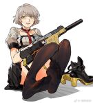  1girl black_skirt chinese_commentary commentary_request feet full_body girls_frontline gloves green_eyes gun high_heels holding holding_gun holding_weapon juliet_sleeves kriss_vector light_brown_hair long_sleeves looking_at_viewer necktie nervous_smile no_shoes open_mouth pleated_skirt puffy_sleeves red_necktie ruukii_drift shoes shoes_removed short_hair short_sleeves simple_background sitting skirt solo submachine_gun sweatdrop thigh-highs trigger_discipline vector_(girls&#039;_frontline) weapon weibo_username white_background 