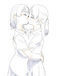  2girls arms_around_waist closed_eyes female kiss multiple_girls partially_colored ponytail satsuyo short_hair simple_background skirt white_background yuri 
