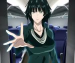  1girl black_hair breasts fubuki_(one-punch_man) green_eyes large_breasts one-punch_man solo standing stitched 